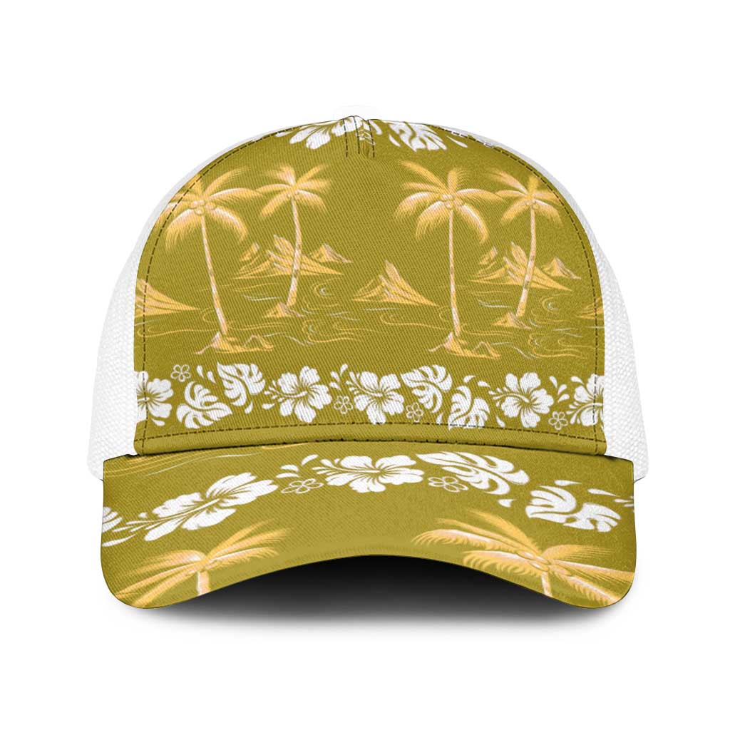 Yellow Hawaii Palm Tree Hibiscus Baseball Net Cap Fantasy Summer Vibe LT01 One Size White Yellow - Polynesian Pride