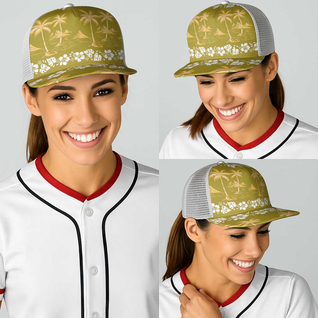 Yellow Hawaii Palm Tree Hibiscus Baseball Net Cap Fantasy Summer Vibe LT01 - Polynesian Pride