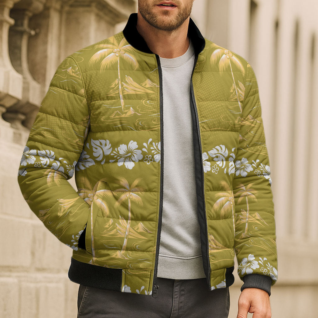 Yellow Hawaii Palm Tree Hibiscus Bomber Puffer Jacket Fantasy Summer Vibe LT01 - Polynesian Pride