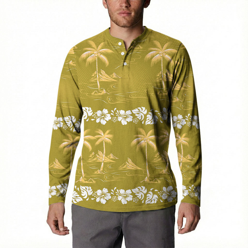Yellow Hawaii Palm Tree Hibiscus Button Sweatshirt Fantasy Summer Vibe LT01 - Polynesian Pride