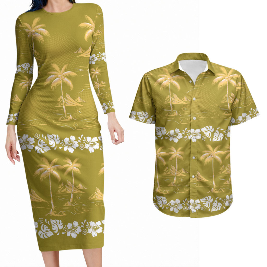 Yellow Hawaii Palm Tree Hibiscus Couples Matching Long Sleeve Bodycon Dress and Hawaiian Shirt Fantasy Summer Vibe LT01 Yellow - Polynesian Pride