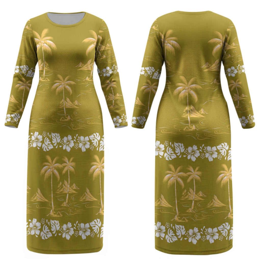 Yellow Hawaii Palm Tree Hibiscus Couples Matching Long Sleeve Bodycon Dress and Hawaiian Shirt Fantasy Summer Vibe LT01 - Polynesian Pride