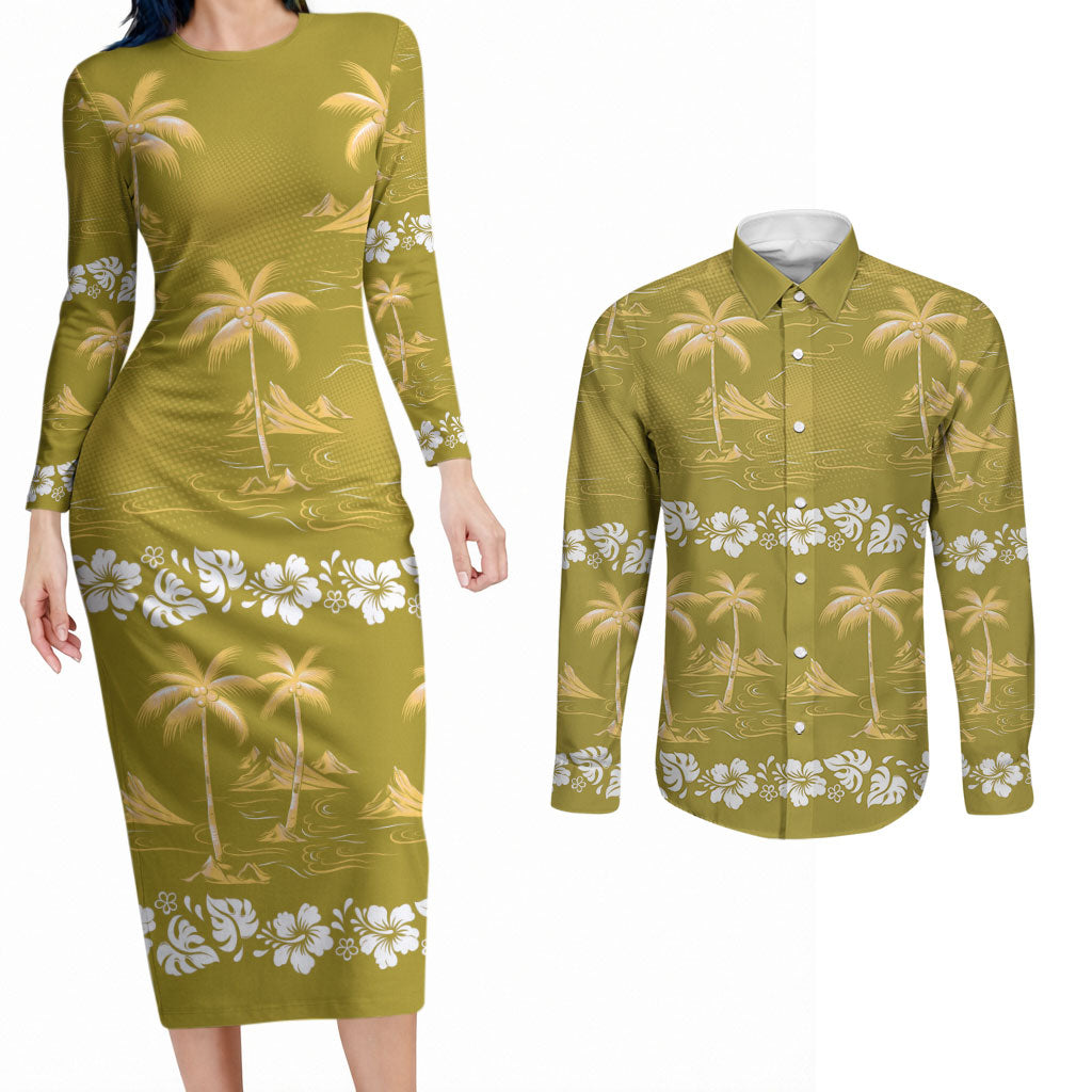 Yellow Hawaii Palm Tree Hibiscus Couples Matching Long Sleeve Bodycon Dress and Long Sleeve Button Shirt Fantasy Summer Vibe LT01 Yellow - Polynesian Pride
