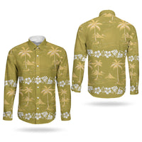 Yellow Hawaii Palm Tree Hibiscus Couples Matching Long Sleeve Bodycon Dress and Long Sleeve Button Shirt Fantasy Summer Vibe LT01 - Polynesian Pride