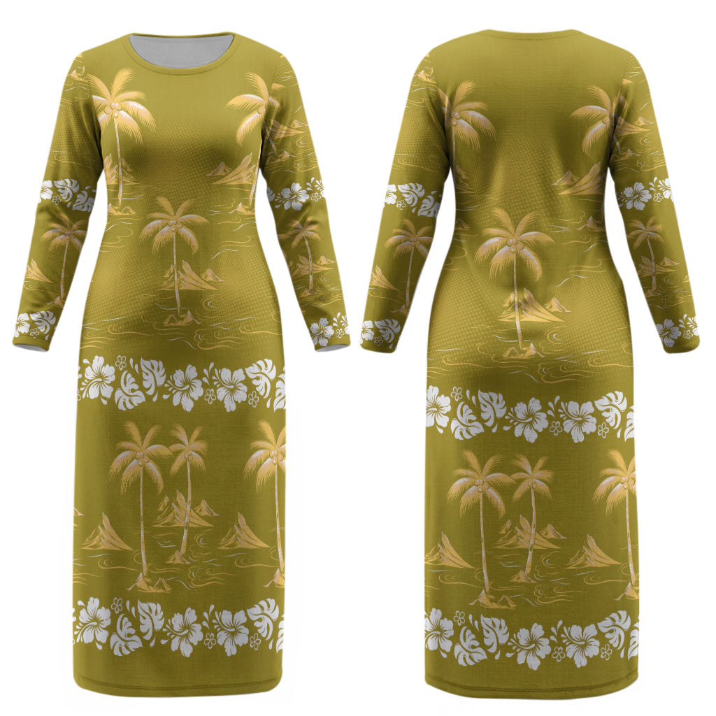 Yellow Hawaii Palm Tree Hibiscus Couples Matching Long Sleeve Bodycon Dress and Long Sleeve Button Shirt Fantasy Summer Vibe LT01 - Polynesian Pride