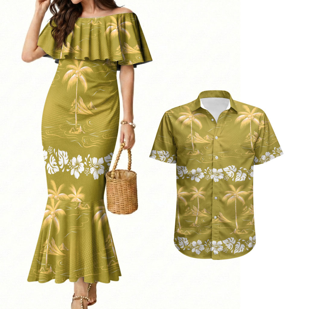 Yellow Hawaii Palm Tree Hibiscus Couples Matching Mermaid Dress and Hawaiian Shirt Fantasy Summer Vibe LT01 Yellow - Polynesian Pride