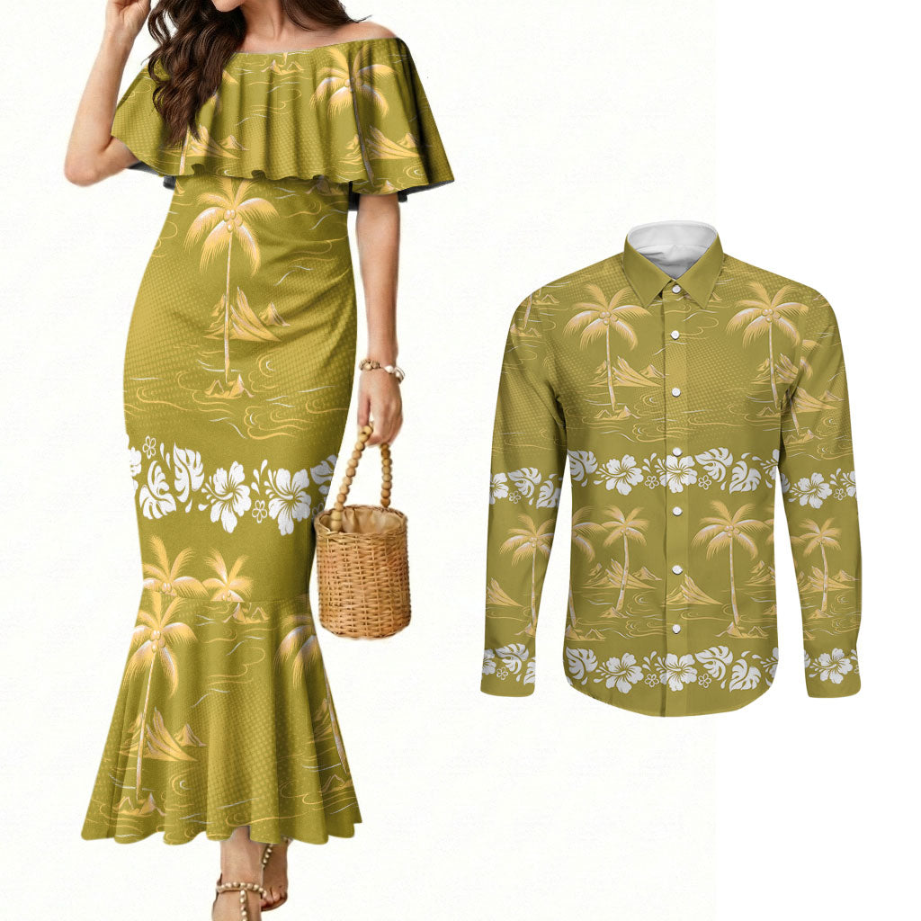 Yellow Hawaii Palm Tree Hibiscus Couples Matching Mermaid Dress and Long Sleeve Button Shirt Fantasy Summer Vibe LT01 Yellow - Polynesian Pride