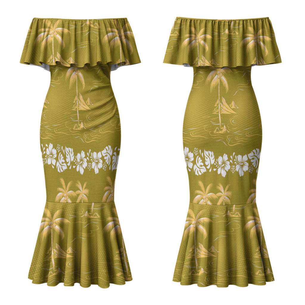 Yellow Hawaii Palm Tree Hibiscus Couples Matching Mermaid Dress and Long Sleeve Button Shirt Fantasy Summer Vibe LT01 - Polynesian Pride