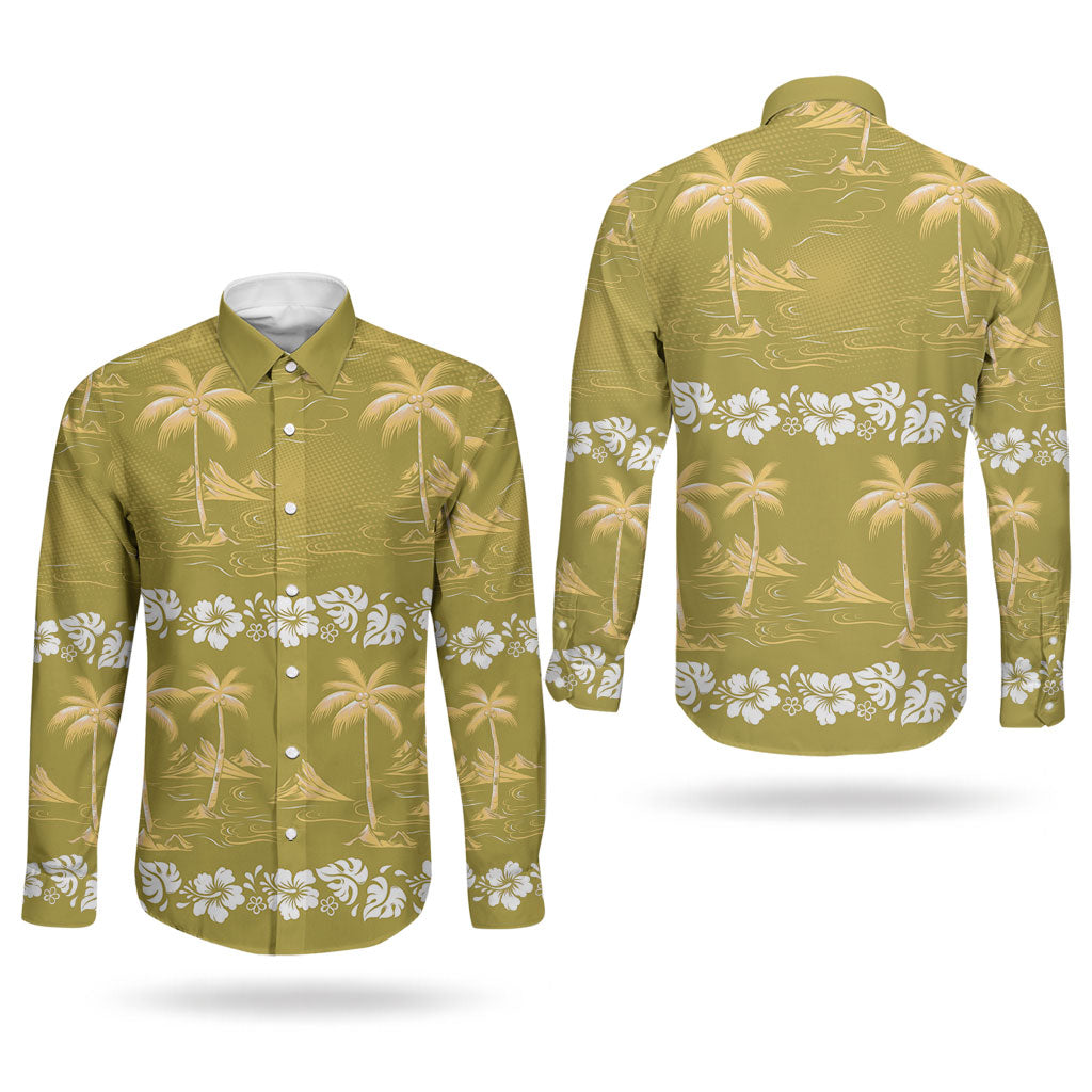 Yellow Hawaii Palm Tree Hibiscus Couples Matching Off Shoulder Maxi Dress and Long Sleeve Button Shirt Fantasy Summer Vibe LT01 - Polynesian Pride