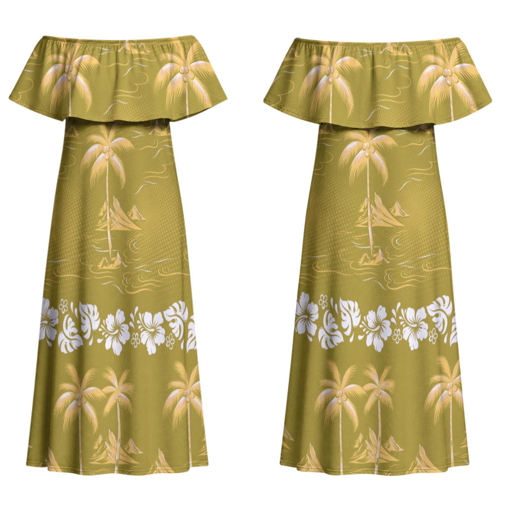 Yellow Hawaii Palm Tree Hibiscus Couples Matching Off Shoulder Maxi Dress and Long Sleeve Button Shirt Fantasy Summer Vibe LT01 - Polynesian Pride