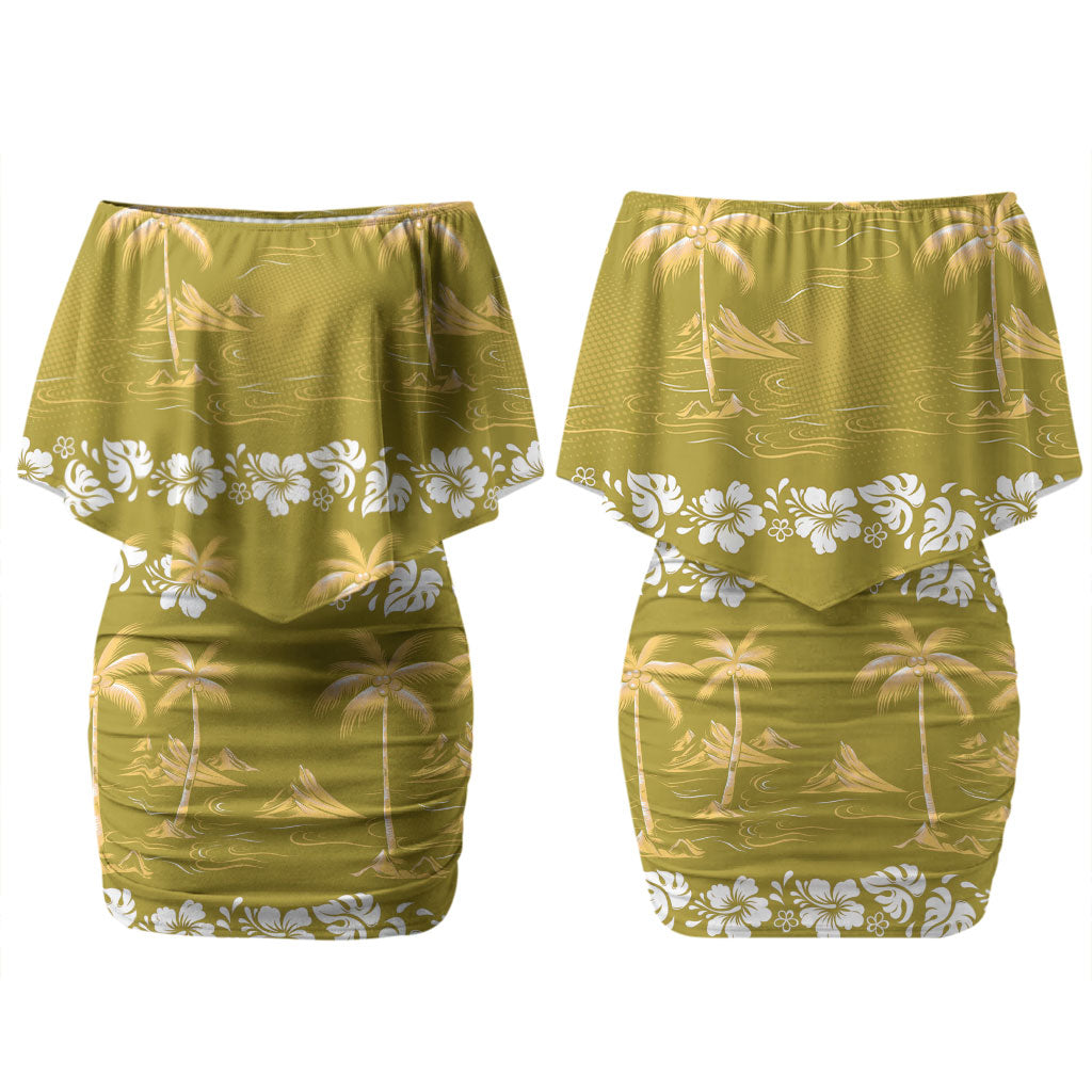 Yellow Hawaii Palm Tree Hibiscus Couples Matching Off Shoulder Short Dress and Hawaiian Shirt Fantasy Summer Vibe LT01 - Polynesian Pride