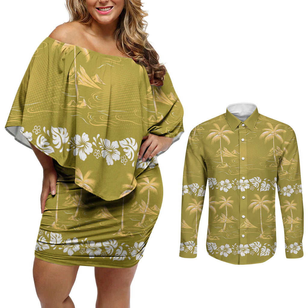 Yellow Hawaii Palm Tree Hibiscus Couples Matching Off Shoulder Short Dress and Long Sleeve Button Shirt Fantasy Summer Vibe LT01 Yellow - Polynesian Pride