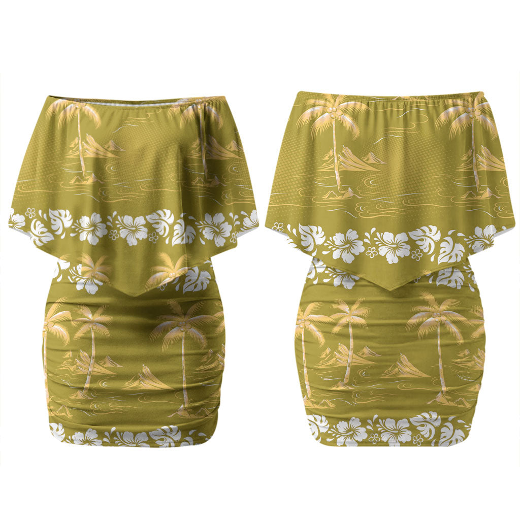 Yellow Hawaii Palm Tree Hibiscus Couples Matching Off Shoulder Short Dress and Long Sleeve Button Shirt Fantasy Summer Vibe LT01 - Polynesian Pride