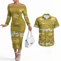 Yellow Hawaii Palm Tree Hibiscus Couples Matching Off The Shoulder Long Sleeve Dress and Hawaiian Shirt Fantasy Summer Vibe LT01 Yellow - Polynesian Pride