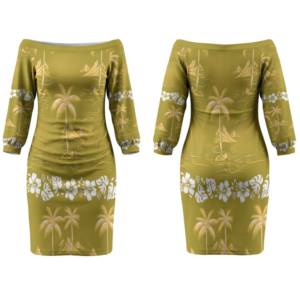 Yellow Hawaii Palm Tree Hibiscus Couples Matching Off The Shoulder Long Sleeve Dress and Hawaiian Shirt Fantasy Summer Vibe LT01 - Polynesian Pride