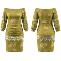 Yellow Hawaii Palm Tree Hibiscus Couples Matching Off The Shoulder Long Sleeve Dress and Hawaiian Shirt Fantasy Summer Vibe LT01 - Polynesian Pride