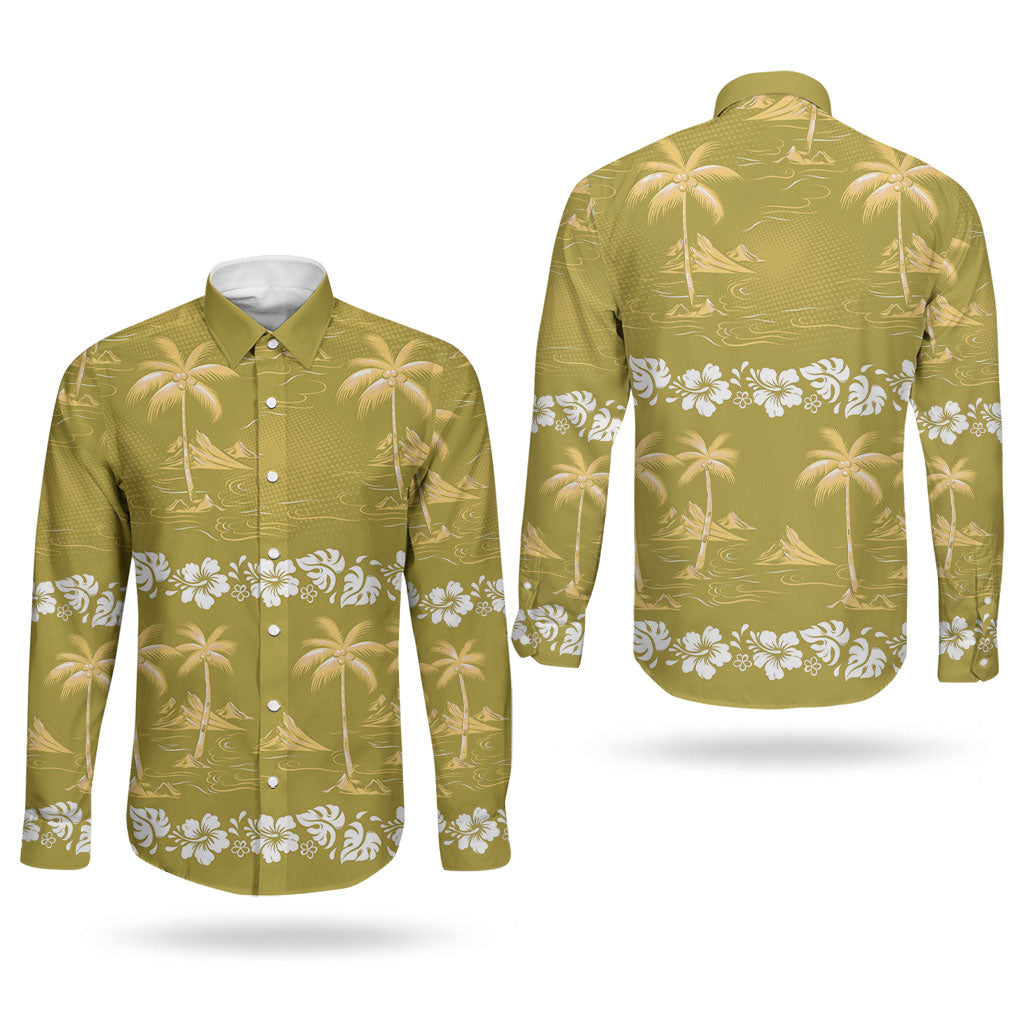 Yellow Hawaii Palm Tree Hibiscus Couples Matching Off The Shoulder Long Sleeve Dress and Long Sleeve Button Shirt Fantasy Summer Vibe LT01 - Polynesian Pride