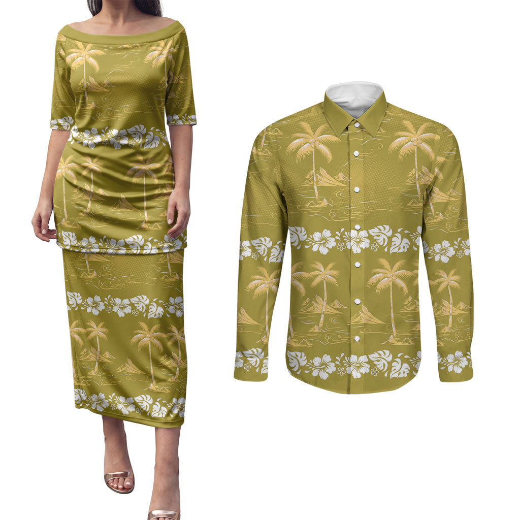 Yellow Hawaii Palm Tree Hibiscus Couples Matching Puletasi and Long Sleeve Button Shirt Fantasy Summer Vibe LT01 Yellow - Polynesian Pride
