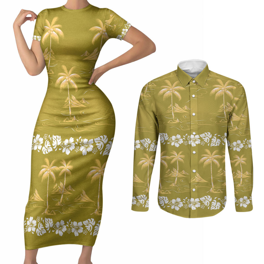 Yellow Hawaii Palm Tree Hibiscus Couples Matching Short Sleeve Bodycon Dress and Long Sleeve Button Shirt Fantasy Summer Vibe LT01 Yellow - Polynesian Pride