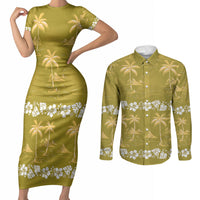 Yellow Hawaii Palm Tree Hibiscus Couples Matching Short Sleeve Bodycon Dress and Long Sleeve Button Shirt Fantasy Summer Vibe LT01 Yellow - Polynesian Pride