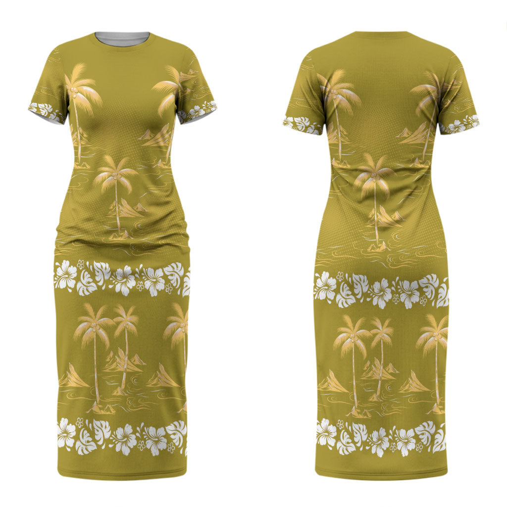 Yellow Hawaii Palm Tree Hibiscus Couples Matching Short Sleeve Bodycon Dress and Long Sleeve Button Shirt Fantasy Summer Vibe LT01 - Polynesian Pride