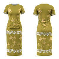 Yellow Hawaii Palm Tree Hibiscus Couples Matching Short Sleeve Bodycon Dress and Long Sleeve Button Shirt Fantasy Summer Vibe LT01 - Polynesian Pride