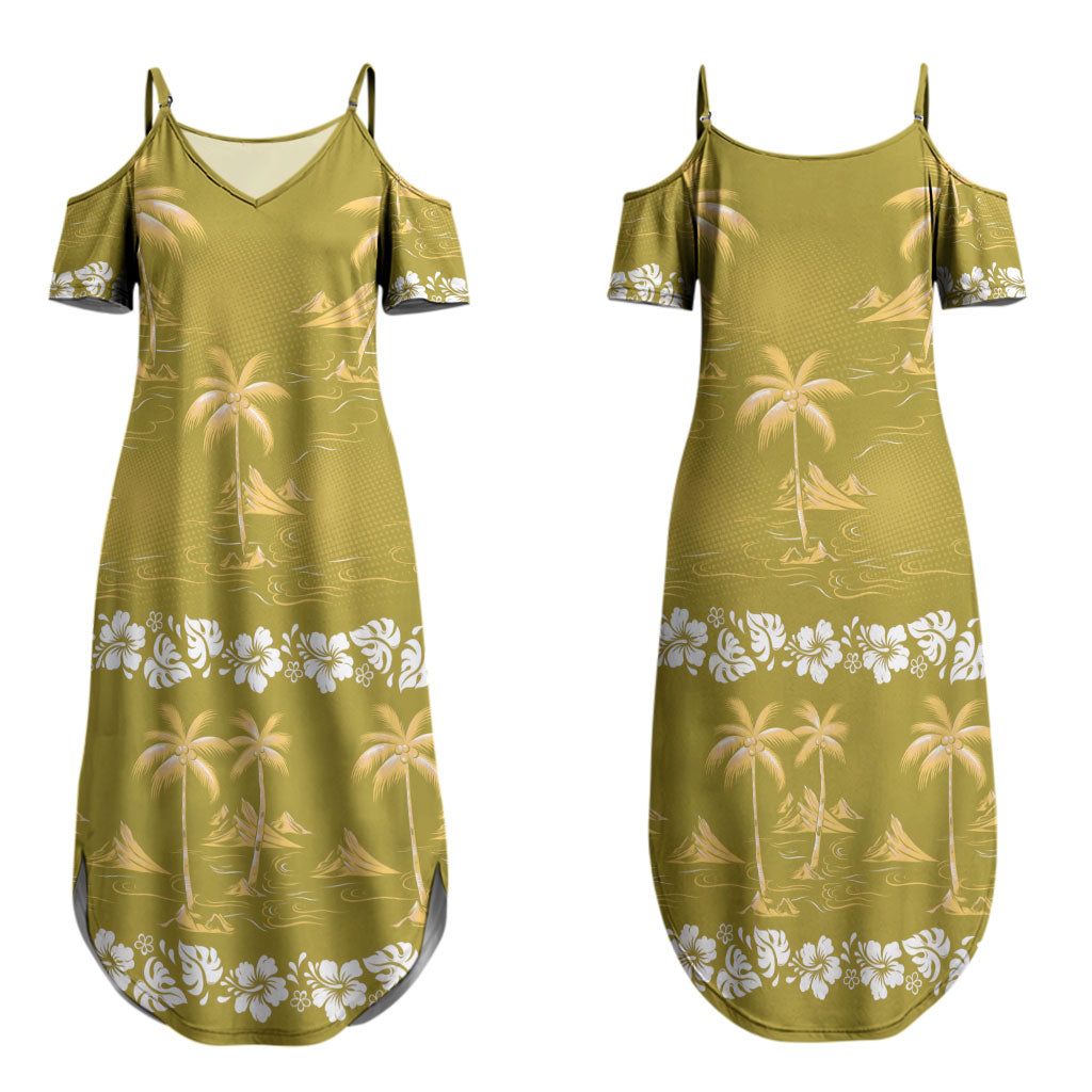 Yellow Hawaii Palm Tree Hibiscus Couples Matching Summer Maxi Dress and Hawaiian Shirt Fantasy Summer Vibe LT01 - Polynesian Pride
