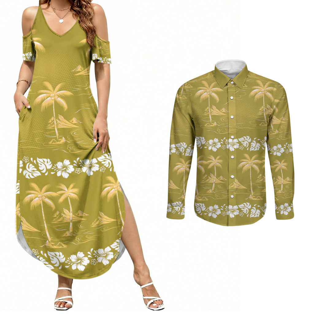 Yellow Hawaii Palm Tree Hibiscus Couples Matching Summer Maxi Dress and Long Sleeve Button Shirt Fantasy Summer Vibe LT01 Yellow - Polynesian Pride