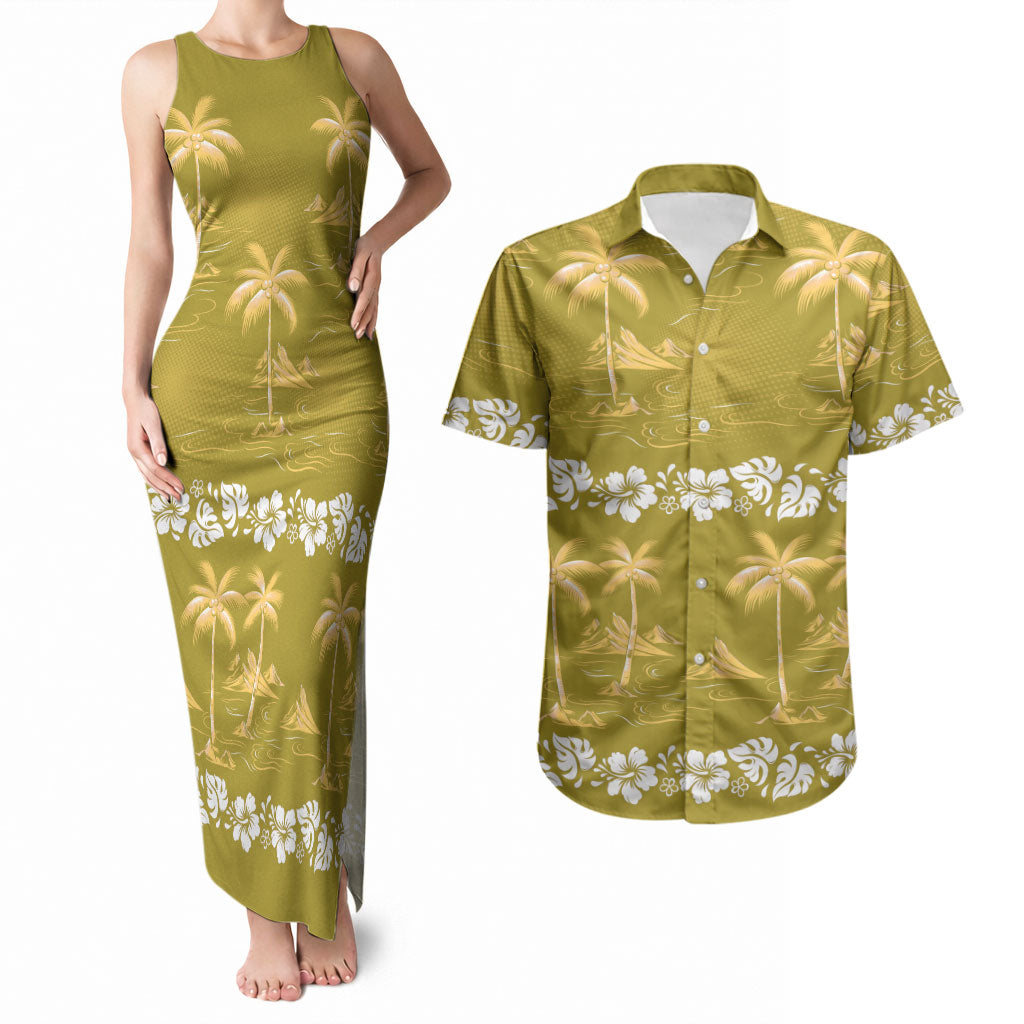 Yellow Hawaii Palm Tree Hibiscus Couples Matching Tank Maxi Dress and Hawaiian Shirt Fantasy Summer Vibe LT01 Yellow - Polynesian Pride