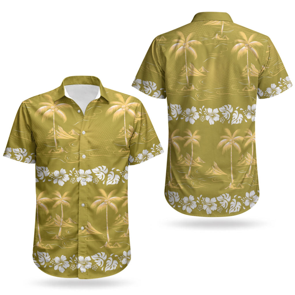 Yellow Hawaii Palm Tree Hibiscus Couples Matching Tank Maxi Dress and Hawaiian Shirt Fantasy Summer Vibe LT01 - Polynesian Pride