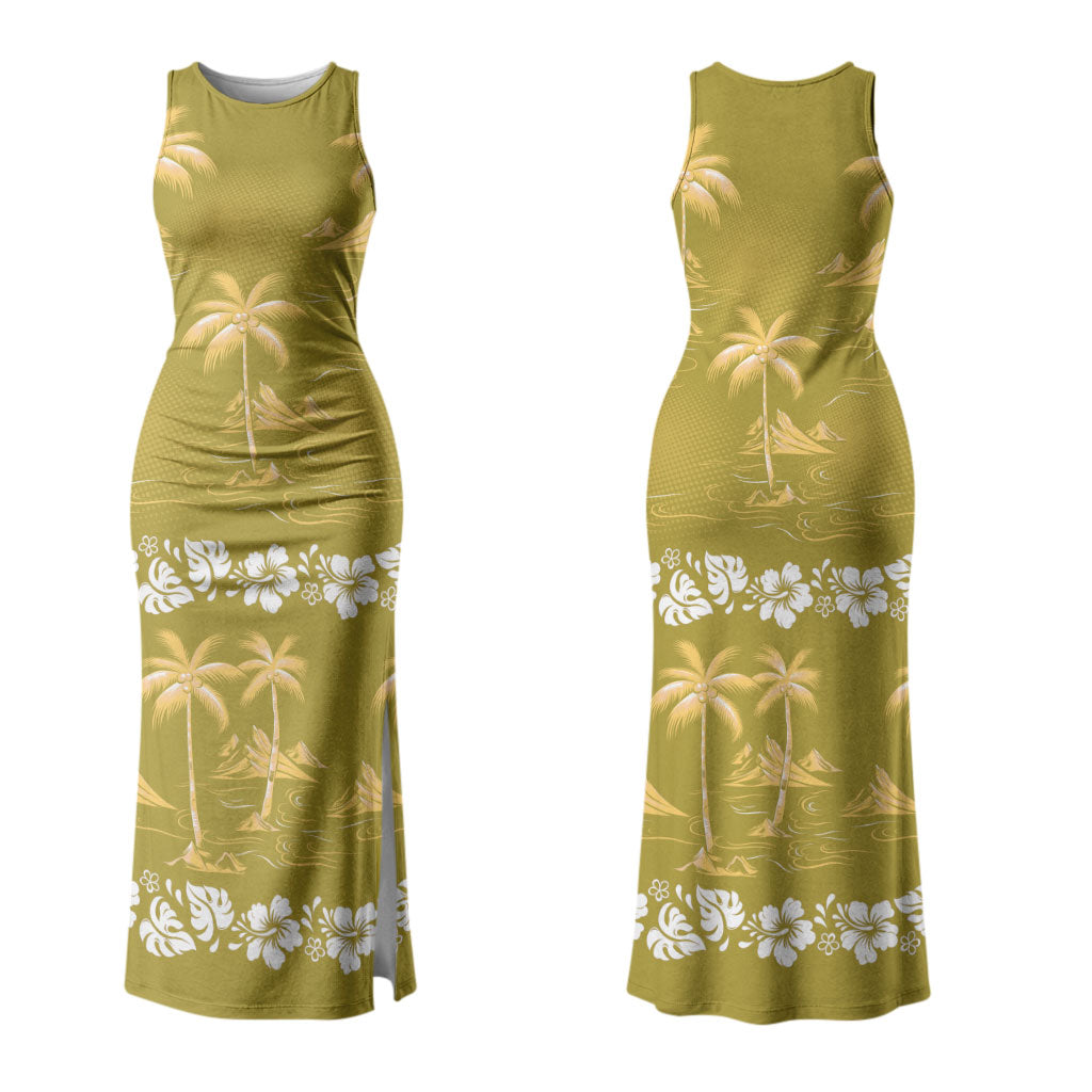 Yellow Hawaii Palm Tree Hibiscus Couples Matching Tank Maxi Dress and Long Sleeve Button Shirt Fantasy Summer Vibe LT01 - Polynesian Pride