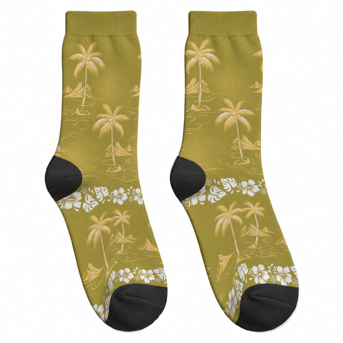 Yellow Hawaii Palm Tree Hibiscus Crew Socks Fantasy Summer Vibe LT01 - Polynesian Pride