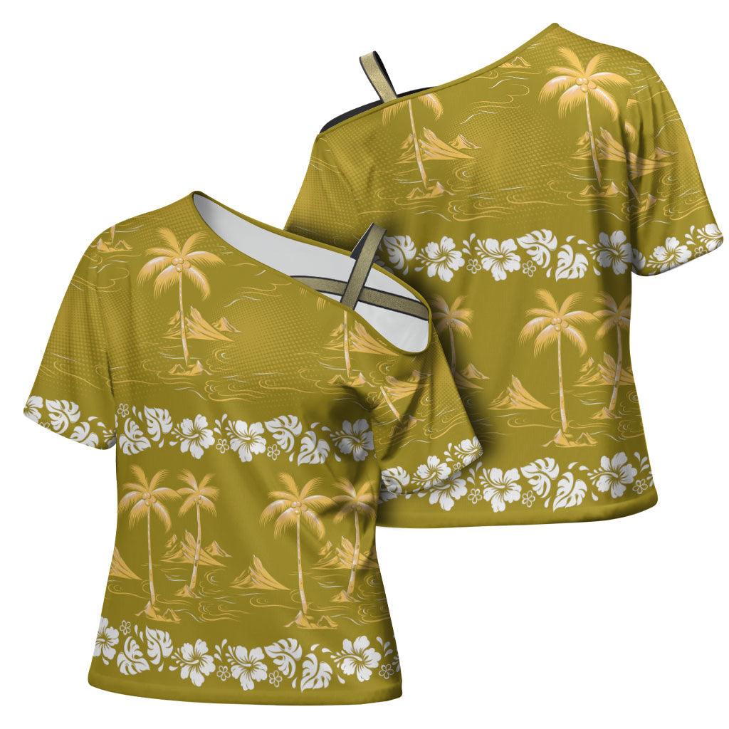 Yellow Hawaii Palm Tree Hibiscus Cross Shoulder Shirt Fantasy Summer Vibe LT01 - Polynesian Pride