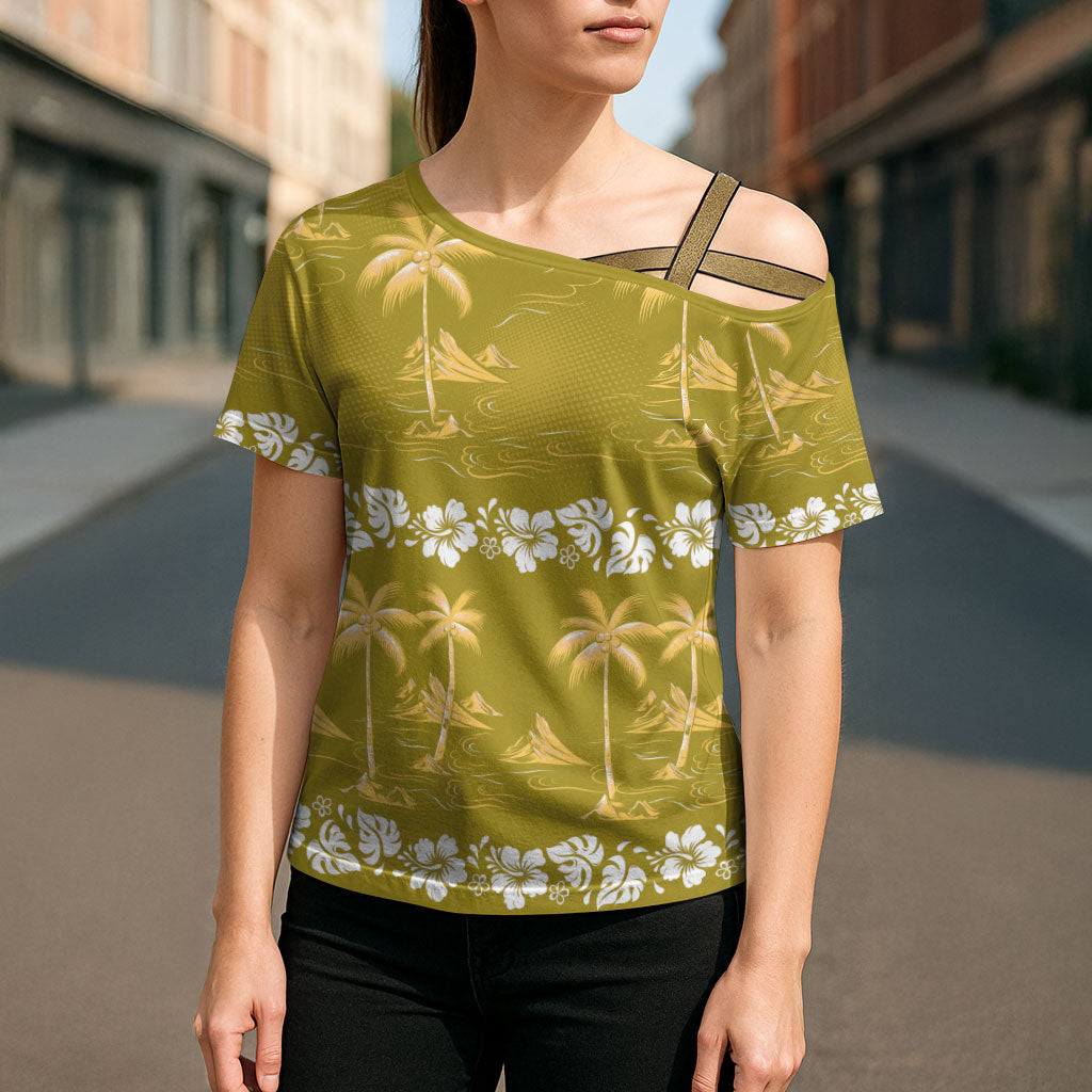 Yellow Hawaii Palm Tree Hibiscus Cross Shoulder Shirt Fantasy Summer Vibe LT01 - Polynesian Pride