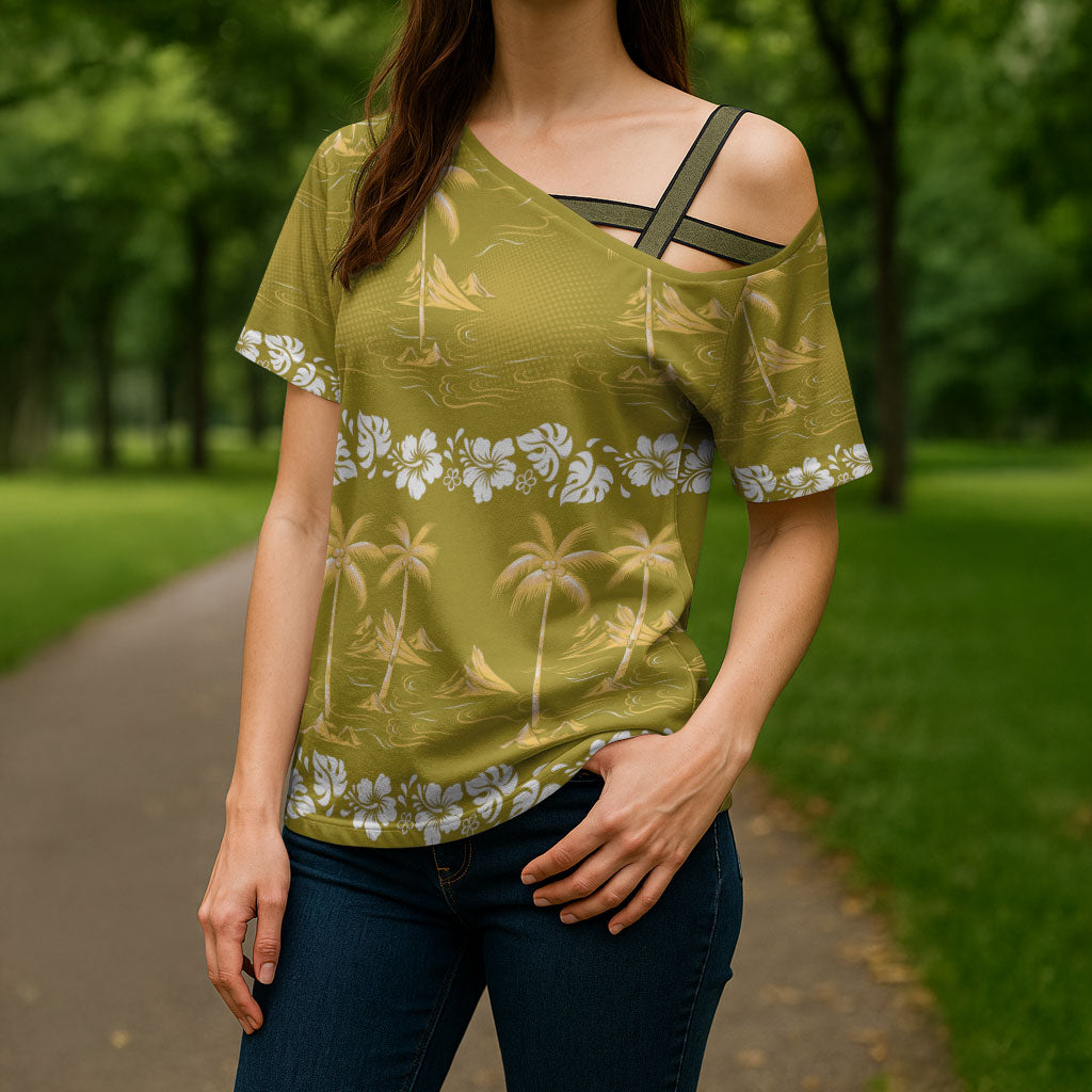 Yellow Hawaii Palm Tree Hibiscus Cross Shoulder Shirt Fantasy Summer Vibe LT01 - Polynesian Pride