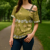 Yellow Hawaii Palm Tree Hibiscus Cross Shoulder Shirt Fantasy Summer Vibe LT01 - Polynesian Pride