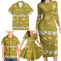 Yellow Hawaii Palm Tree Hibiscus Family Matching Long Sleeve Bodycon Dress and Hawaiian Shirt Fantasy Summer Vibe LT01 - Polynesian Pride