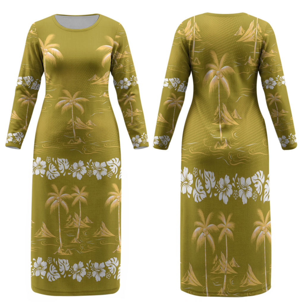 Yellow Hawaii Palm Tree Hibiscus Family Matching Long Sleeve Bodycon Dress and Hawaiian Shirt Fantasy Summer Vibe LT01 Mom's Dress Yellow - Polynesian Pride