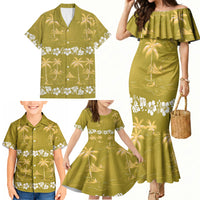 Yellow Hawaii Palm Tree Hibiscus Family Matching Mermaid Dress and Hawaiian Shirt Fantasy Summer Vibe LT01 - Polynesian Pride