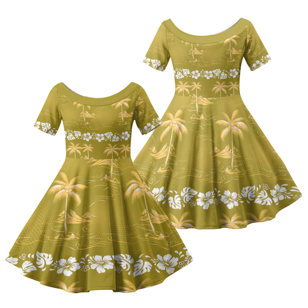 Yellow Hawaii Palm Tree Hibiscus Family Matching Mermaid Dress and Hawaiian Shirt Fantasy Summer Vibe LT01 Daughter's Dress Yellow - Polynesian Pride