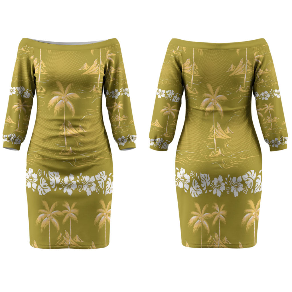 Yellow Hawaii Palm Tree Hibiscus Family Matching Off The Shoulder Long Sleeve Dress and Hawaiian Shirt Fantasy Summer Vibe LT01 Mom's Dress Yellow - Polynesian Pride