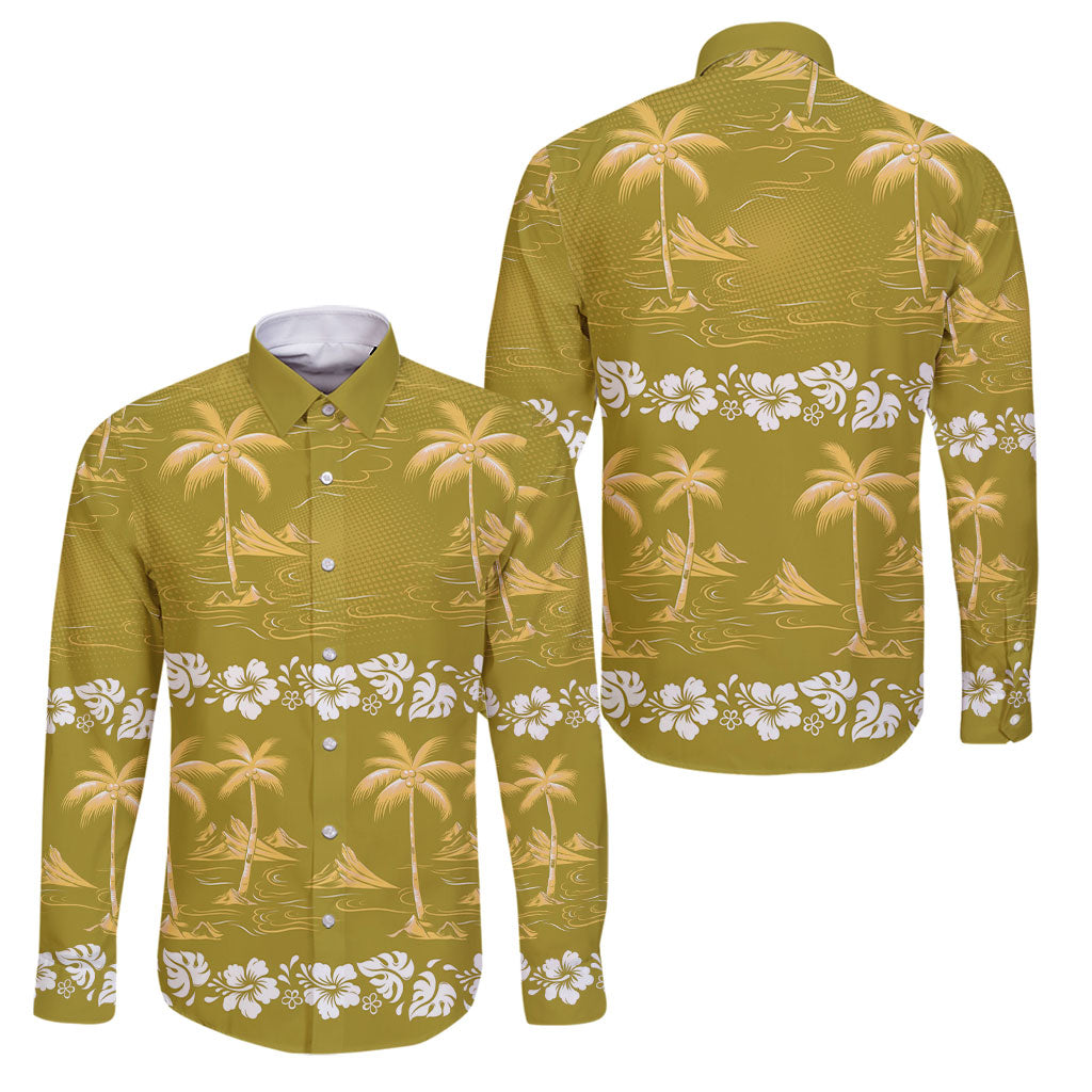 Yellow Hawaii Palm Tree Hibiscus Family Matching Off The Shoulder Long Sleeve Dress and Hawaiian Shirt Fantasy Summer Vibe LT01 Dad's Shirt - Long Sleeve Yellow - Polynesian Pride