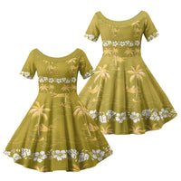 Yellow Hawaii Palm Tree Hibiscus Family Matching Off The Shoulder Long Sleeve Dress and Hawaiian Shirt Fantasy Summer Vibe LT01 Daughter's Dress Yellow - Polynesian Pride