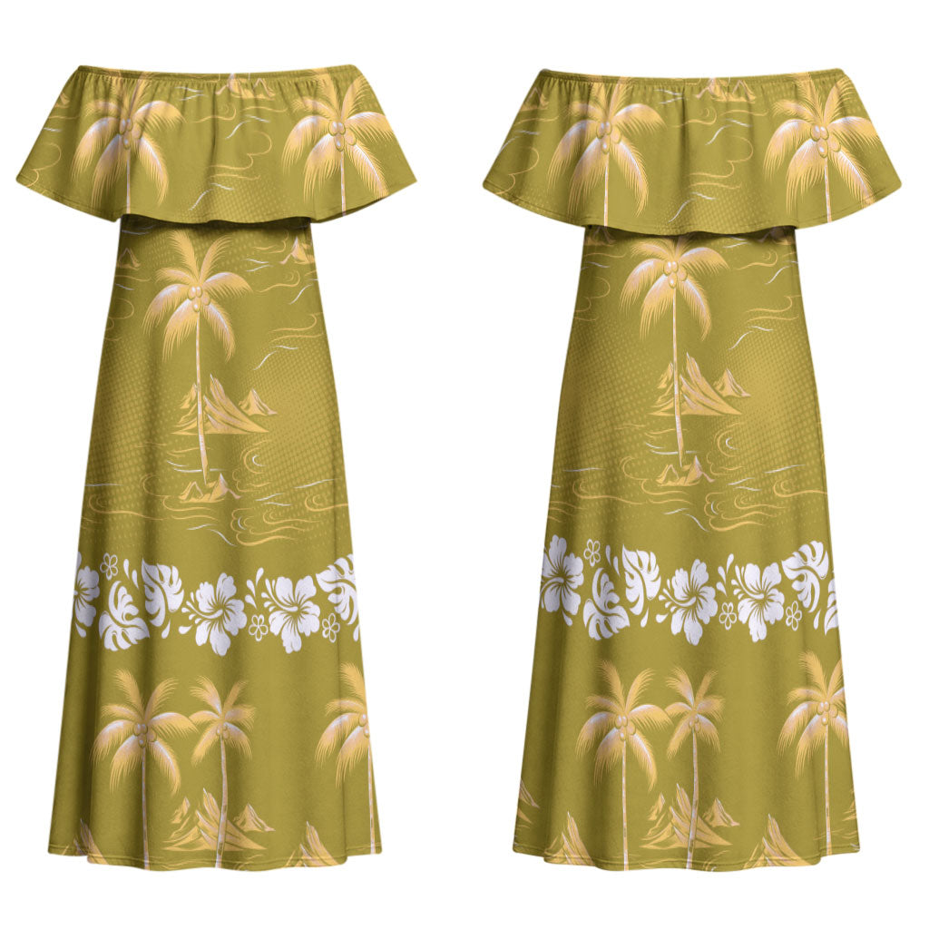 Yellow Hawaii Palm Tree Hibiscus Family Matching Off Shoulder Maxi Dress and Hawaiian Shirt Fantasy Summer Vibe LT01 Mom's Dress Yellow - Polynesian Pride