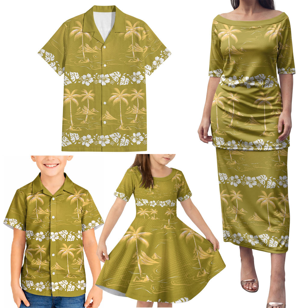 Yellow Hawaii Palm Tree Hibiscus Family Matching Puletasi and Hawaiian Shirt Fantasy Summer Vibe LT01 - Polynesian Pride