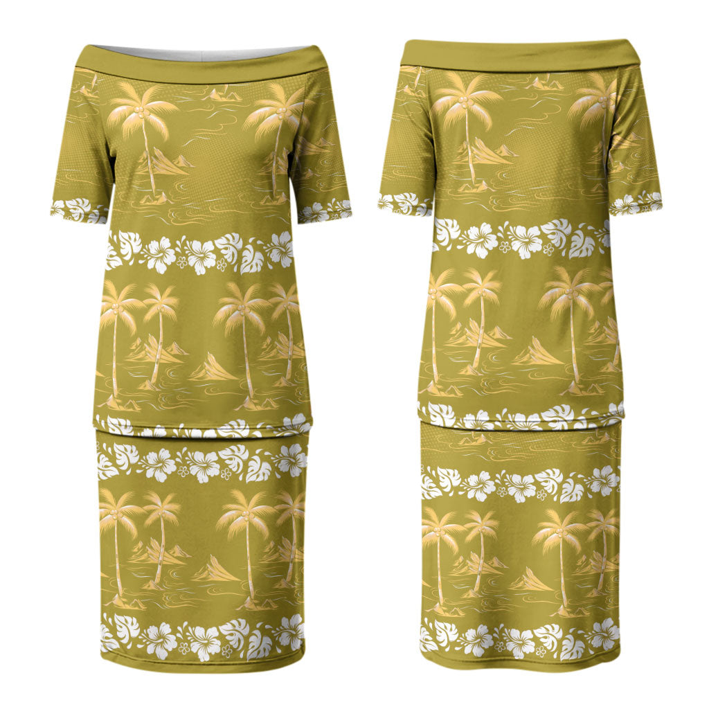 Yellow Hawaii Palm Tree Hibiscus Family Matching Puletasi and Hawaiian Shirt Fantasy Summer Vibe LT01 Mom's Dress Yellow - Polynesian Pride