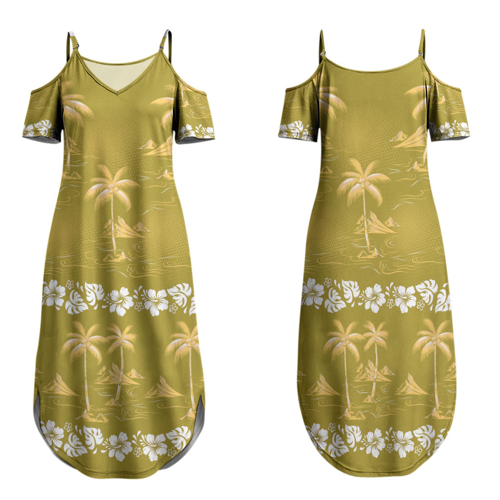 Yellow Hawaii Palm Tree Hibiscus Family Matching Summer Maxi Dress and Hawaiian Shirt Fantasy Summer Vibe LT01 Mom's Dress Yellow - Polynesian Pride