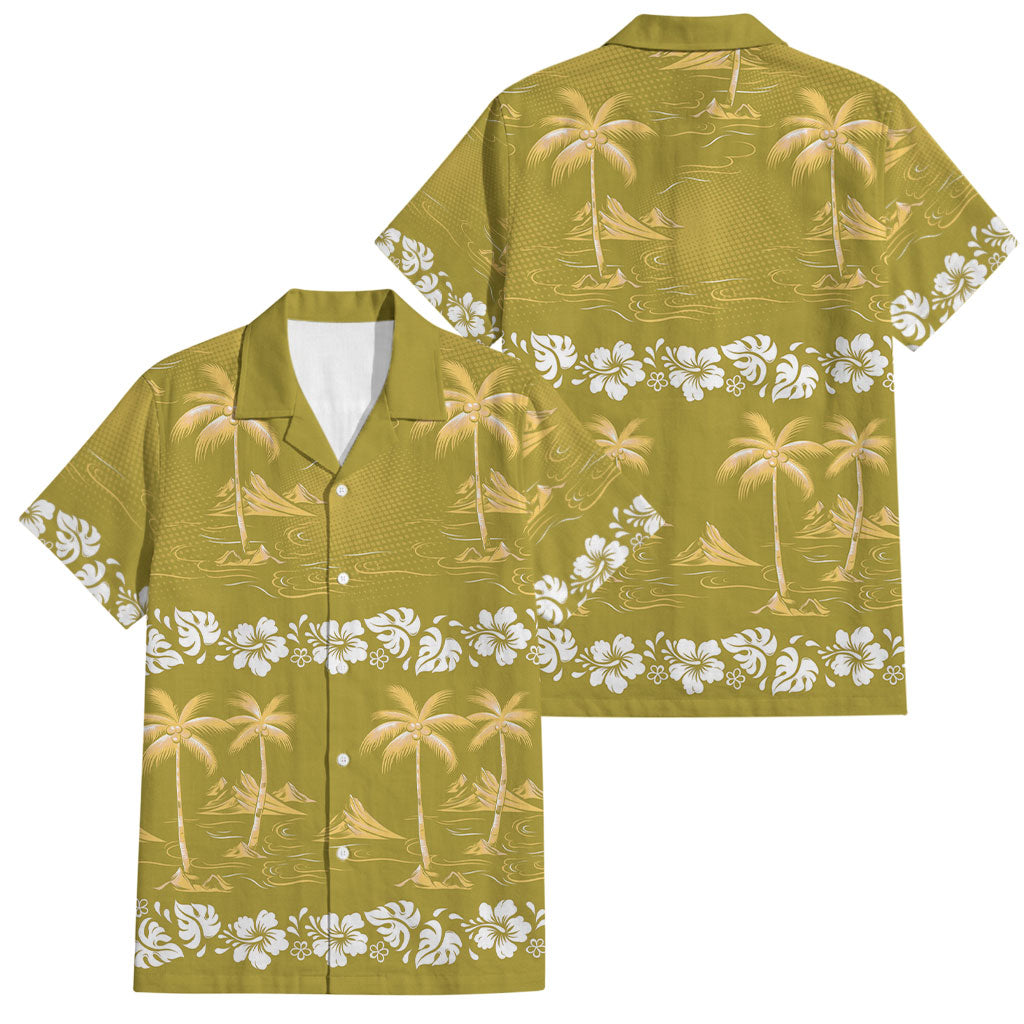 Yellow Hawaii Palm Tree Hibiscus Family Matching Summer Maxi Dress and Hawaiian Shirt Fantasy Summer Vibe LT01 Dad's Shirt - Short Sleeve Yellow - Polynesian Pride