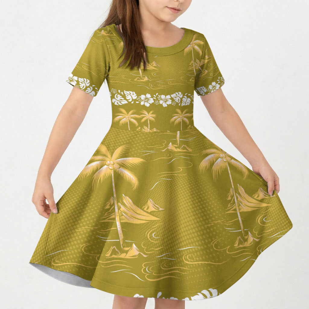 Yellow Hawaii Palm Tree Hibiscus Kid Short Sleeve Dress Fantasy Summer Vibe LT01 KID Yellow - Polynesian Pride