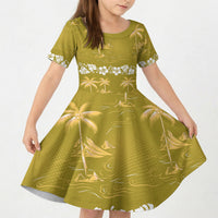Yellow Hawaii Palm Tree Hibiscus Kid Short Sleeve Dress Fantasy Summer Vibe LT01 KID Yellow - Polynesian Pride